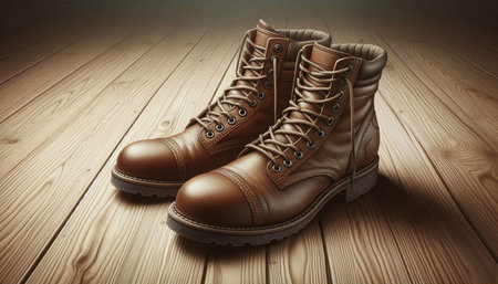 Pair of brown leather boots on wooden floor. 3D rendering