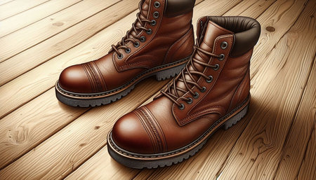 Pair of brown boots on wooden background. 3D illustration.