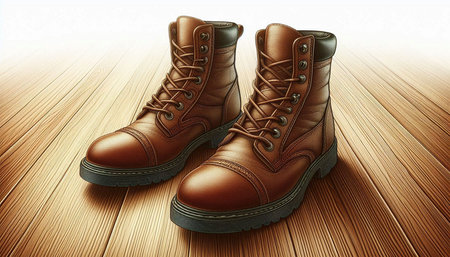 Pair of brown leather boots on wooden background. 3d illustration