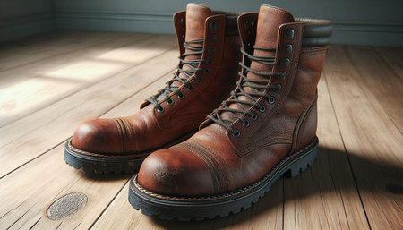 Men's brown leather boots on wooden floor. Close-up.