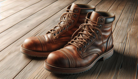 Pair of brown leather boots on wooden background, close-up