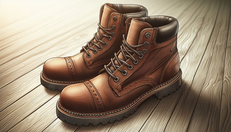 Pair of brown leather boots on wooden background. 3d render