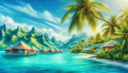 Illustration of tropical island with water bungalows and palm trees