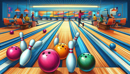 Illustration of bowling alley with skittles and people in the background