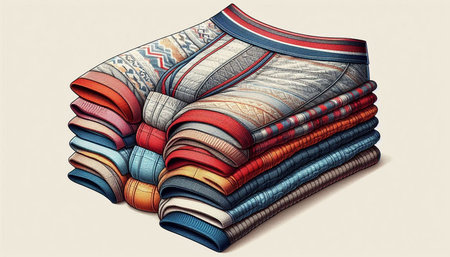 Illustration of a stack of folded clothes on a light background.