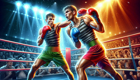 Two professional boxers in dynamic action on arena background. Mixed media