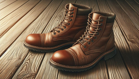 Pair of brown boots on wooden background. 3d illustration.