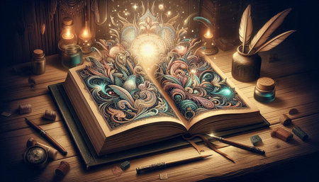 Magic book with mystic spells and enchanting light. Fantasy background.