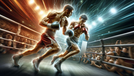 Two professional boxers fighting in mixed martial arts arena. Mixed media