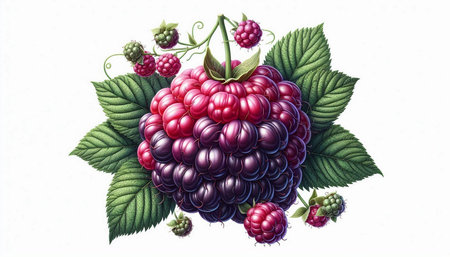 Ripe blackberries with green leaves. Hand drawn vector illustration.