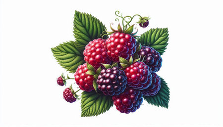 Raspberry berries with leaves isolated on white background. Vector illustration.