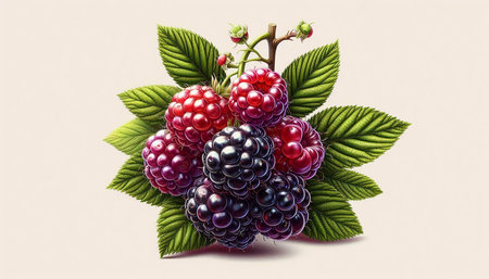 Blackberry and raspberry with leaves on a light background. Realistic vector illustration.