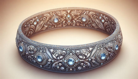 Beautiful silver bracelet with precious stones on a beige background.