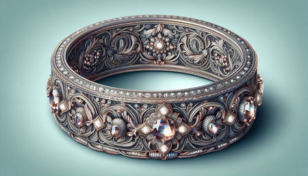 Jewelry ring with precious stones on a blue background. 3d rendering