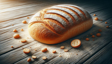 Loaf of bread on a wooden background. 3d illustration.