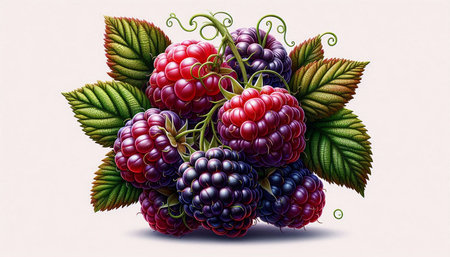 Ripe blackberries with green leaves on a white background. Vector illustration.