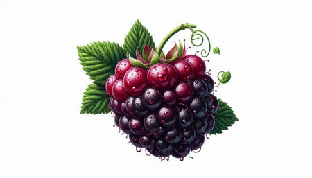 Blackberry isolated on white background. Realistic illustration of blackberry with leaves.