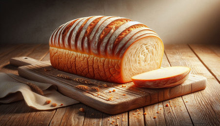 loaf of bread on a wooden board with a knife in the background