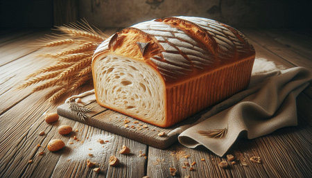 loaf of bread and wheat on a wooden table in rustic style