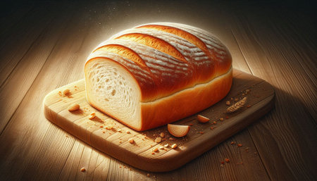 Sliced loaf of bread on cutting board on wooden table.