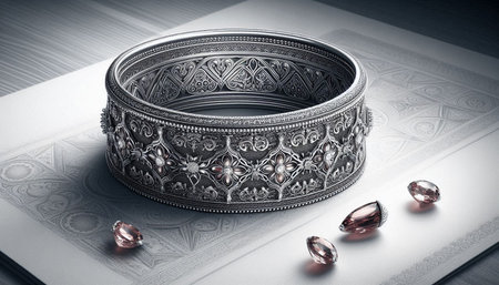 Silver bracelet with diamonds on the book. Jewelry background. 3D rendering