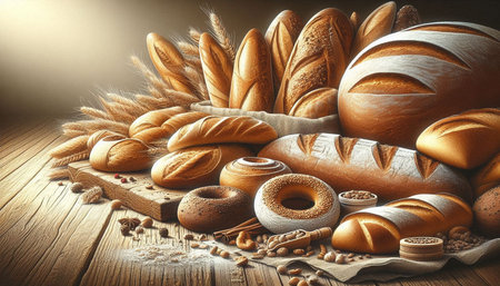 Assortment of baked bread on wooden background. Bakery background.