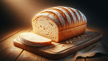 Loaf of bread on cutting board with flour on wooden background.