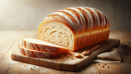 Sliced loaf of bread on a cutting board. Rustic style.