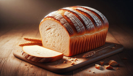 Fresh loaf of bread and wheat ears on a wooden board on a dark background