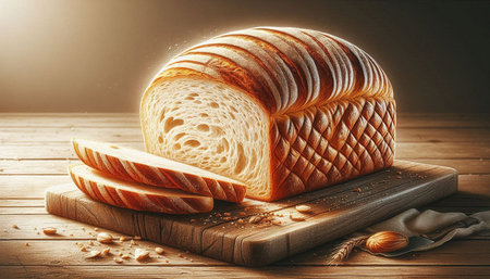 sliced bread on cutting board on wooden table with sun light