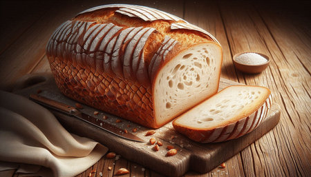 Sliced loaf of bread on a cutting board. Toned.