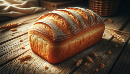 Loaf of bread and wheat ears on wooden table, closeup