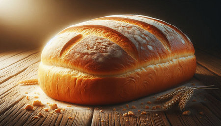 Freshly baked bread and wheat on wooden table, close-up