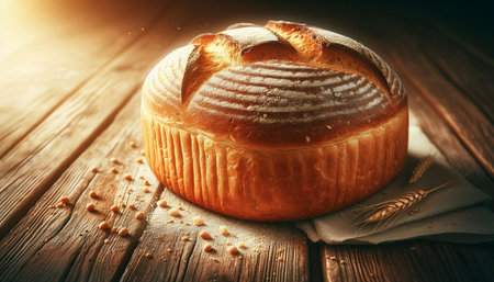 Freshly baked bread on a wooden table. Toned image.