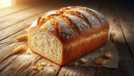 loaf of bread and wheat ears on wooden table, closeup