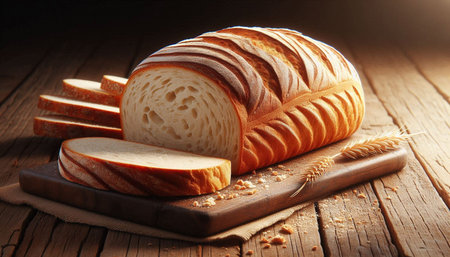 Slices of bread and wheat ears on a wooden table.
