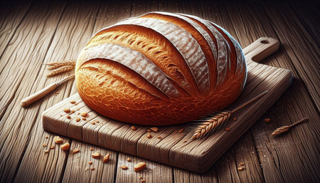 Composition with loaf of bread and wheat ears on wooden table.