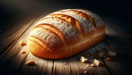Loaf of bread on a wooden table with sunbeams.