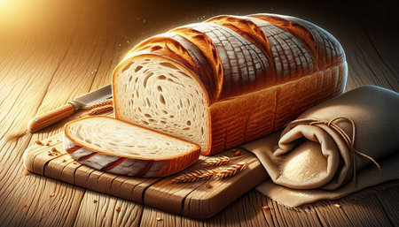 Sliced bread and wheat on a wooden table. 3d rendering