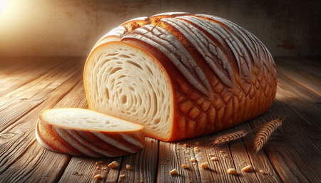 Loaf of bread and wheat ears on wooden table. Bakery background