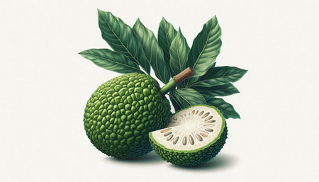 Soursop fruit with leaves isolated on white background. 3d illustration