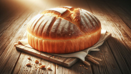 Freshly baked bread on a wooden background. Selective focus.