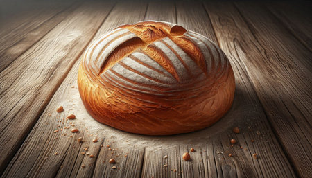 Freshly baked bread on a wooden table. 3d illustration.