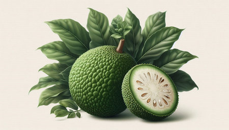Whole and cut green jackfruit with leaves. Vector illustration.