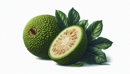 Jackfruit with green leaves isolated on white background, clipping path included
