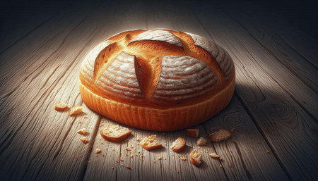 Freshly baked loaf of bread on wooden background. Toned.