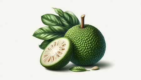 Whole and half of green guava with leaves on white background