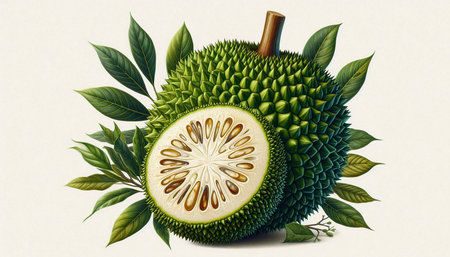 Fresh durian fruit with green leaves isolated on white background. 3d illustration