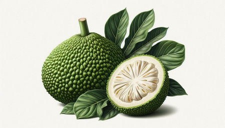 Jackfruit with leaves isolated on white background. 3D illustration.