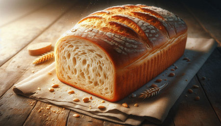 Freshly baked loaf of bread on wooden table, close-up
